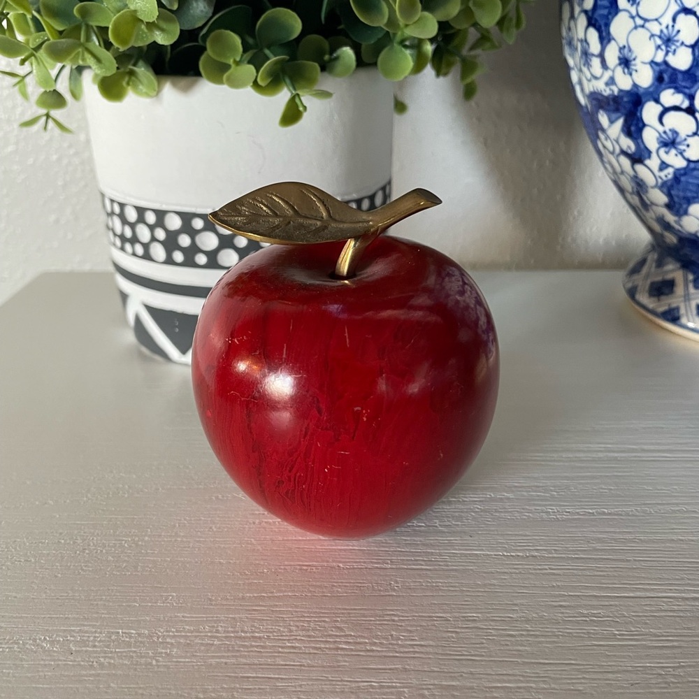 Vintage Red Alabaster Marble Apple Paperweight With Brass Stem & Leaf